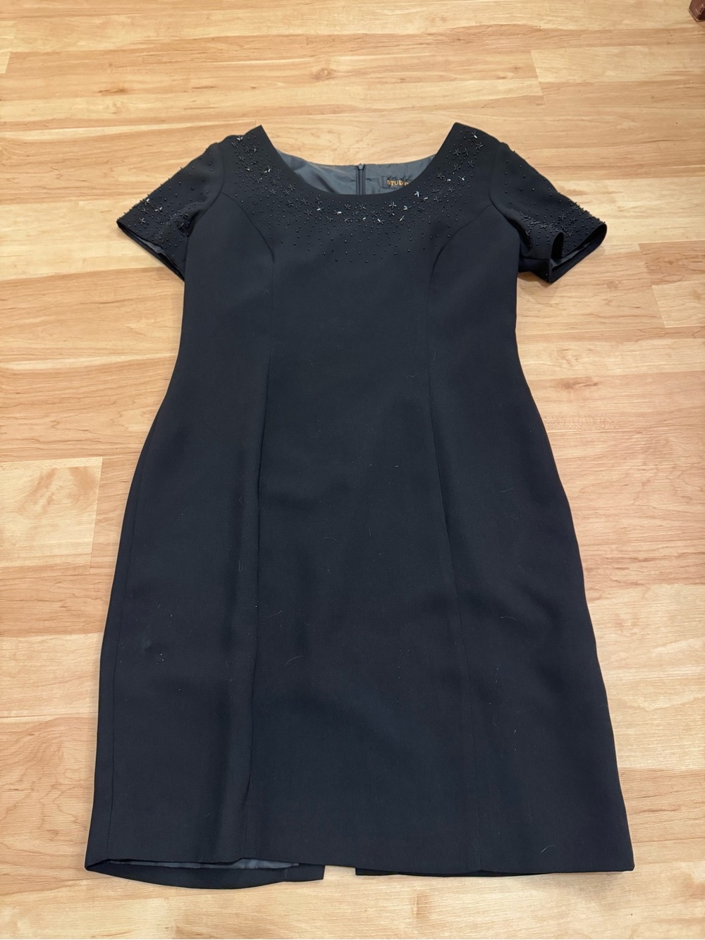 Vintage 90s Short Sleeve Scoop Neck Black Beaded Knee Length Dress Size 10
